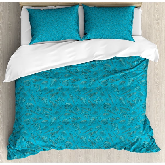 Scallop Duvet Cover Set, Continuous Underwater Creatures Pattern Shells Starfish, Decorative 3 Piece Bedding Set with 2 Pillow Shams, Calking Size, Sea Blue Dark Seafoam, by Ambesonne