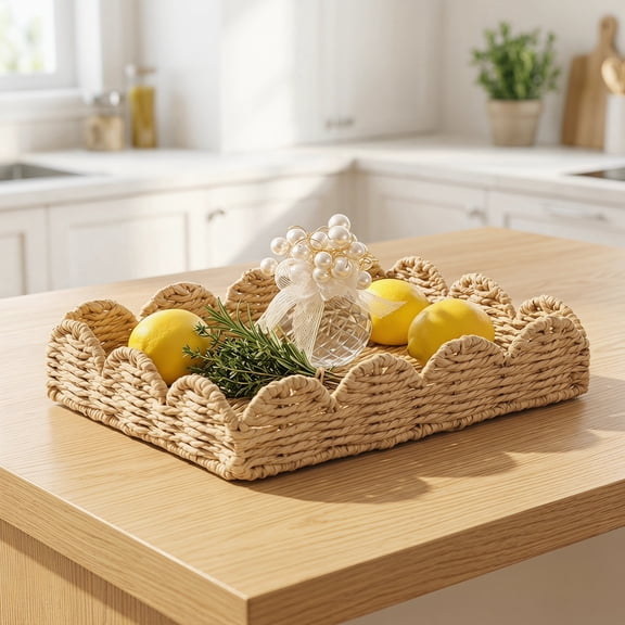 Scallop Edge Woven Tray - Handmade Boho Decorative Storage Tray for Tabletop, Bathroom, Kitchen Organizer, 12x9 Inch Round Wicker Basket for Home Decor
