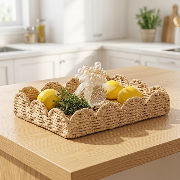 Scallop Edge Woven Tray - Handmade Boho Decorative Storage Tray for Tabletop, Bathroom, Kitchen Organizer, 12x9 Inch Round Wicker Basket for Home Decor