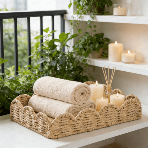 Scallop Edge Woven Tray Handwoven Decorative Storage Tray for Home Kitchen, 12*9inch Handmade Scallop Edge Woven Tray Boho Style Round Storage Tray for Tabletop Decor Bathroom Organizer
