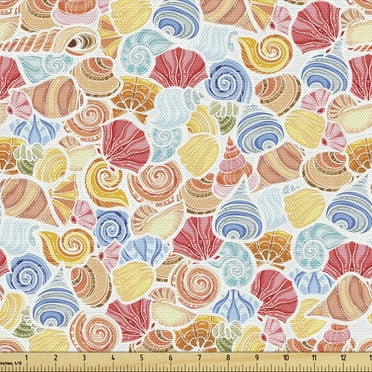Ambesonne Scallop Fabric by the Yard Upholstery, Colorful Sea Life Shells, 5 Yards, Multicolor