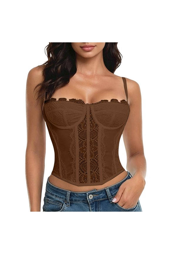 Scallop Lace Overbust Corset, Women's Underwire Bustier with Spaghetti Straps & Boning, Bridal Halloween Costume Layering Top, 1 PC Brown M
