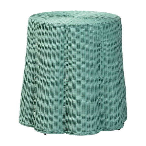 Scallop Natural Rattan Console Table - Handwoven Wicker Round Accent Table For Living Room, Sunroom Or Foyer Place, Coastal Boho Style In Teal Green