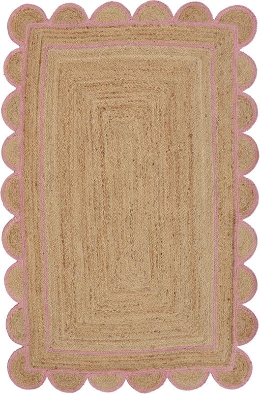 Scallop Pattern Jute Bohemian Area Rug, Light Pink, 4'x6'
