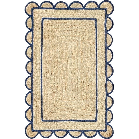 Scallop Pattern Jute Bohemian Area Rug, Navy, 3'x5'