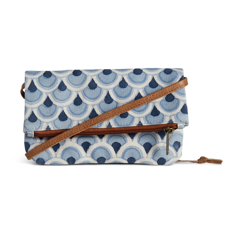 Scallop Print Blue 8.5 x 5 Cotton Fabric and Leather Hip Cross Body Handbag Walmart
