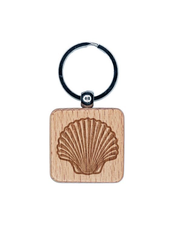 Scallop Seashell Hashmark Shaded Beach Shell Square Keychain Charm Tag - Engraved Wood