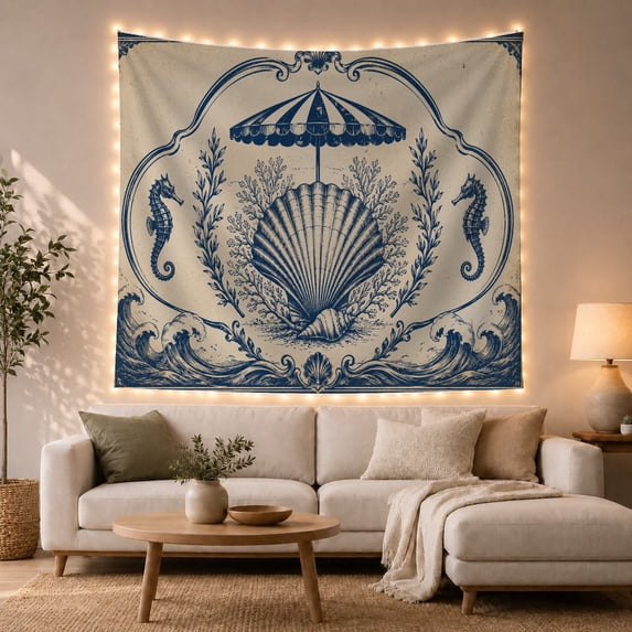 Scallop Shell Among Seahorses and Seaweed, Serene Vintage for Beach Lovers, Coastal Wall Art, Housewarming Gift, Tapestry Wall Hanging for Bedroom, Living Room and Study Room