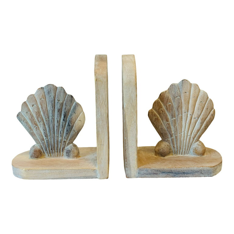 Scallop Shell Bookends Carved Wood Whitewash Finish 