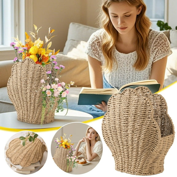 Scallop Shell Handwoven Storage Basket | Natural Paper Rope Organizer, Decorative Beach Nautical Decor, Eco-Friendly Sustainable Bin for Blankets, Toys, Magazines, Bathroom, Iron Frame