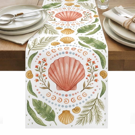 Scallop Shell Table Runner Coastal Palm Leaves Tropical Boho Botanical Tablerunners 13 x 36 Inch, Table Decorations Tabletop Scarf for Summer Gathering Holiday Farmhouse Kitchen Dining Decor