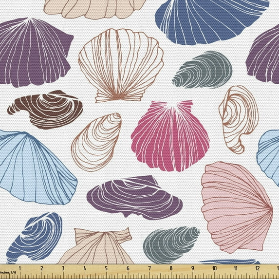 Ambesonne Scallop Fabric by the Yard Upholstery, Hand Drawn Colorful Shells, 1 Yard, Multicolor