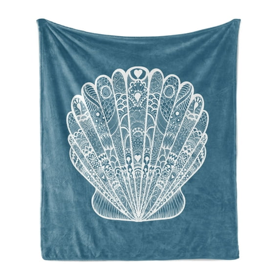 Scallop Soft Flannel Fleece Blanket, Zentangle Lace Look Flourishing Shell Graphic with Ornament Details Print, Cozy Plush for Indoor and Outdoor Use, 50" x 60", Slate Blue and White, by Ambesonne