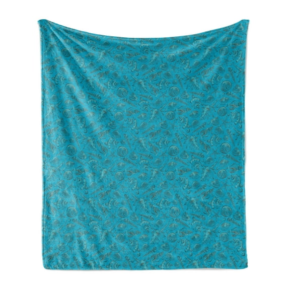 Scallop Soft Flannel Fleece Throw Blanket, Continuous Underwater Creatures Pattern Shells Starfish, Cozy Plush for Indoor and Outdoor Use, 50" x 60", Sea Blue Dark Seafoam, by Ambesonne