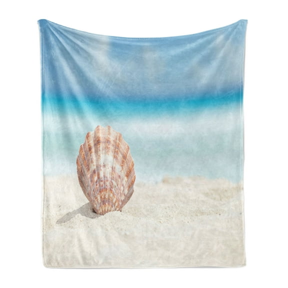 Scallop Soft Flannel Fleece Throw Blanket, Photo of a Single Sea Shell on a Sunny Tropical Sandy Beach Carribean Ocean, Cozy Plush for Indoor and Outdoor Use, 60" x 80", Multicolor, by Ambesonne