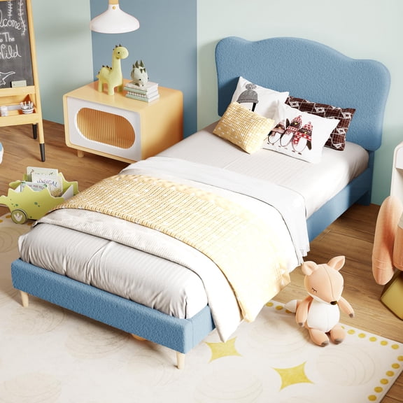 Scallop soft Fabric Headboard Platform Bed Frame - Upholstered Twin, Sturdy Low Platform, Wood Slats, No Box Spring, Noise-Free, Easy Assembly, Light Blue, TWIN