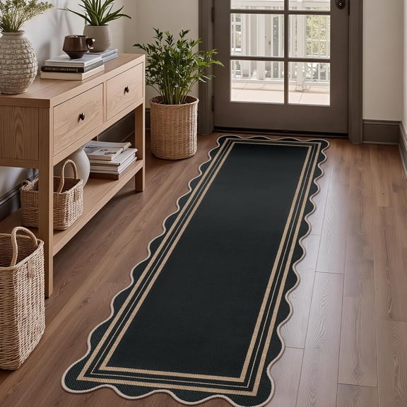Scalloped 2 Foot by 6 Foot Runner Rug Black Geometric Non Slip Indoor Outdoor