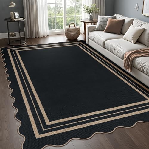 Scalloped 5x7 Rug for Living Room, Easy Jute Washable Outdoor Patio Carpet, Farmhouse Indoor Black Geometric Rug Neutral Non Slip Carpet for Living Room Backyard