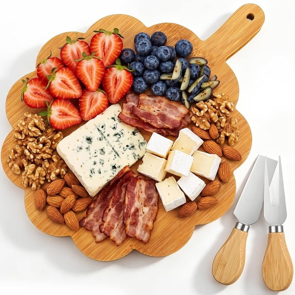 Scalloped Acacia Charcuterie Boards with Cheese Fork Wooden Board for Bread Meat Boards Fruit Serving Butcher Block Supplies 11.81 x 11.81 x 0.63 Inches