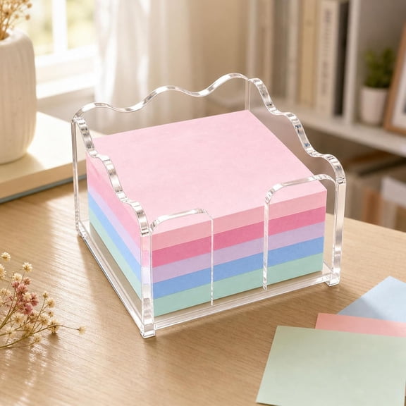 Scalloped Acrylic Sticky Note Holder – 1 Pack Clear 3x3 Post It Note Dispenser, Desk Organizer for Office, Home & Classroom