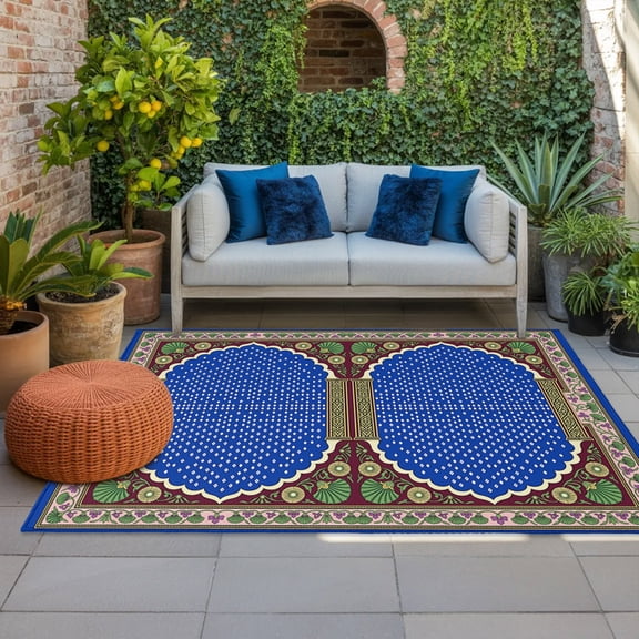 Scalloped Arch Indoor Outdoor Rugs 4x6 Ft, Ornate Royal Blue Emerald Green Frame Outdoor Patio Rugs Mat Washable Outside Area Rugs Carpet for Porch Deck RV Camping Pool Balcony Backyard