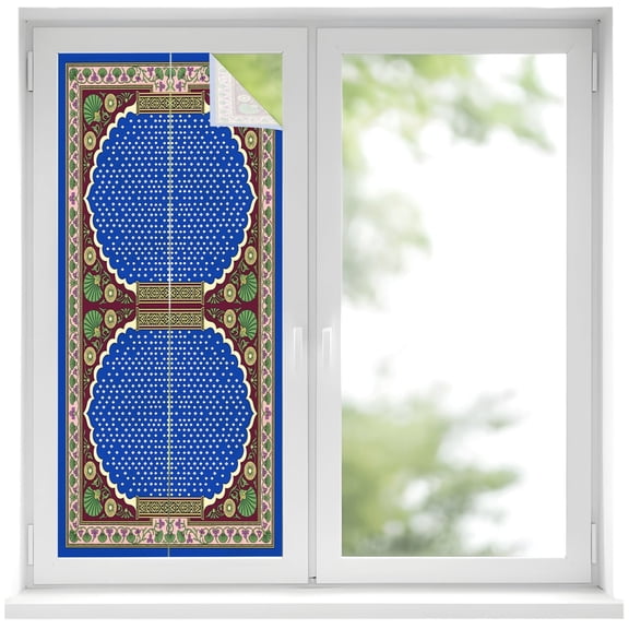 Scalloped Arch Window Privacy Film Ornate Royal Blue Emerald Green Frame Decorative Glass Window Film UV Blocking Static Cling Non-Adhesive Sticker Covering for Home Door 19.6 x 39.3 inches