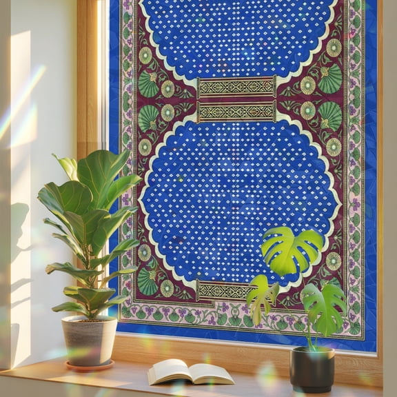 Scalloped Arch Window Privacy Film, Ornate Royal Blue Emerald Green Frame Stained Glass Rainbow Film Decorative Window Clings, Static Cling Sun Blocking Stickers 17.7" x 39.3"