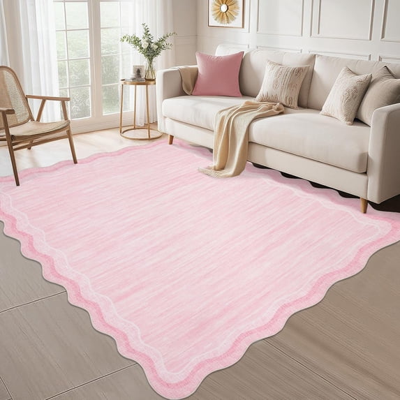 Scalloped Area Rug 5x7 Washable Rugs for Living Room, Solid Color Floor Carpet for Bedroom, Non Slip Low Pile Mat with Rubber Back, Soft Nursery Rug for Dining Room Office