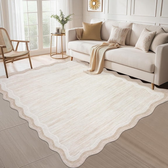 Scalloped Area Rug 8x10 Washable Modern Low Pile Carpet Non Slip Stain Resistant Soft Polyester Rug for Living Room Bedroom Dining Room Office,Cream