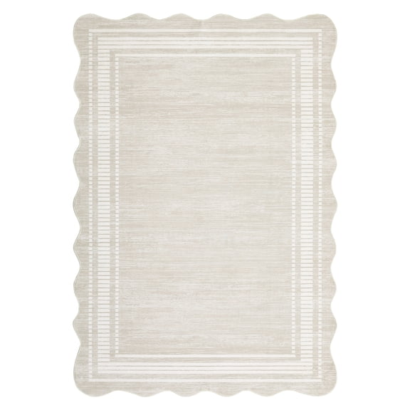 Scalloped Area Rug Washable Non Slip Low Pile, Modern Neutral Carpet for Living Room Bedroom Office Kids Room Mark Resistant