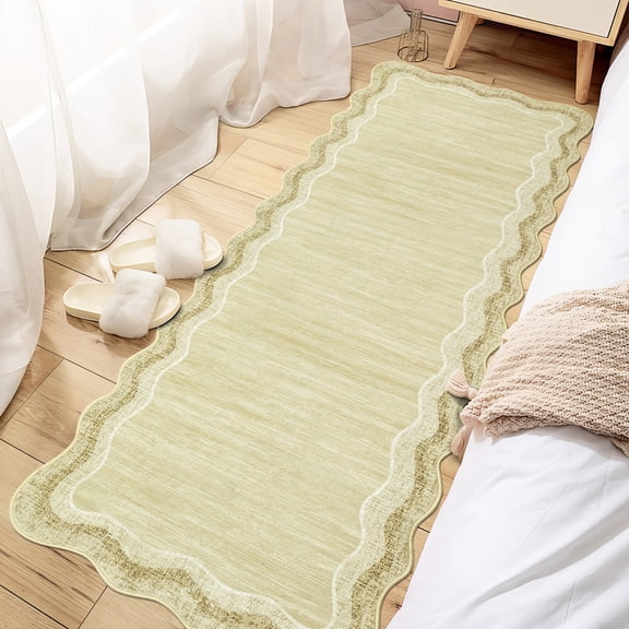 Scalloped Area Rugs 2x6 Washable Modern Runner Rug with Non-Slip Backing, Stain-Resistant Foldable Floor Mat, Contemporary Low Pile Accent Carpet for Kitchen, Bedroom, Beige