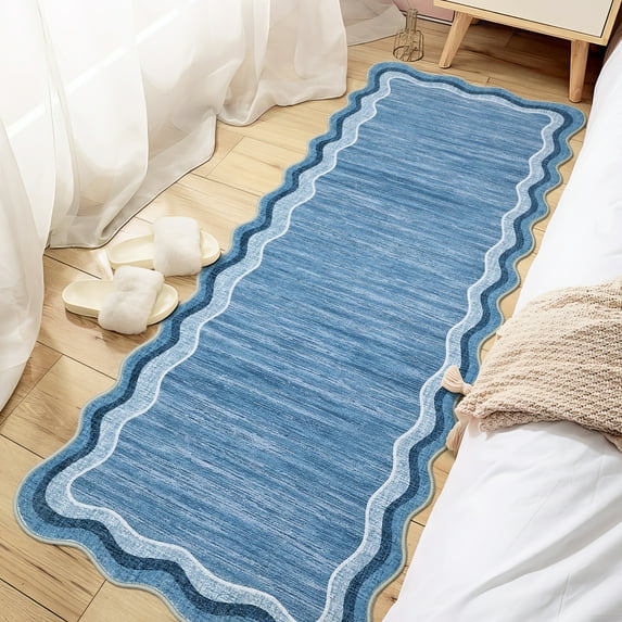 Scalloped Area Rugs 2x6 Washable Modern Runner Rug with Non-Slip Backing, Stain-Resistant Foldable Floor Mat, Contemporary Low Pile Accent Carpet for Kitchen, Bedroom, Blue