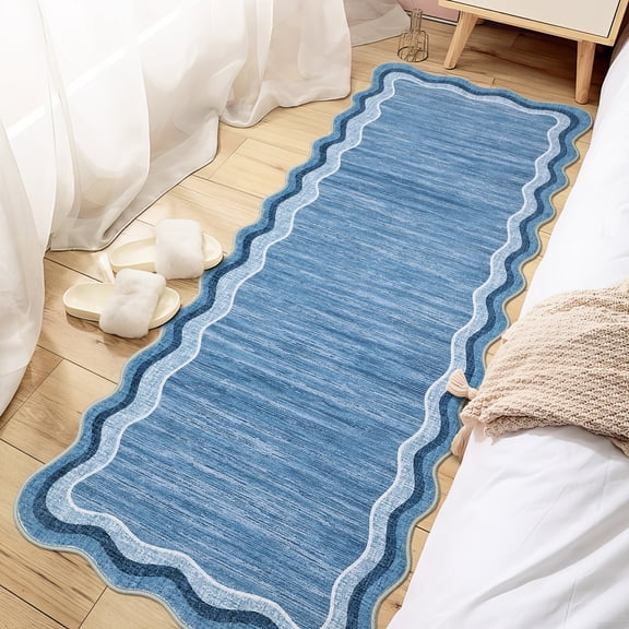 Scalloped Area Rugs 2x6 Washable Modern Runner Rug with Non-Slip Backing, Stain-Resistant Foldable Floor Mat, Contemporary Low Pile Accent Carpet for Kitchen, Bedroom, Blue
