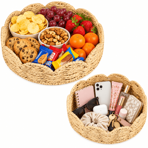 ChenHW 2-Pack Scalloped Storage Basket – Hand Woven Paper Rope Tray for Organizing & Decor