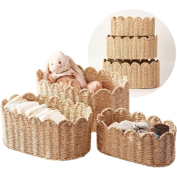 Scalloped Basket Set of 3, Wicker Storage Baskets - Hand-Woven Paper Rope Organizer for Diaper , Toys & Shelves, (16x10x7 Inch)