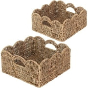 Scalloped Baskets Natural-Set of 2 Seagrass Basket For Decor, Basket Living Room Organizer, Bathroom, Bedroom, Laundry,... Seagrass Storage Baskets with Built-in Handles.