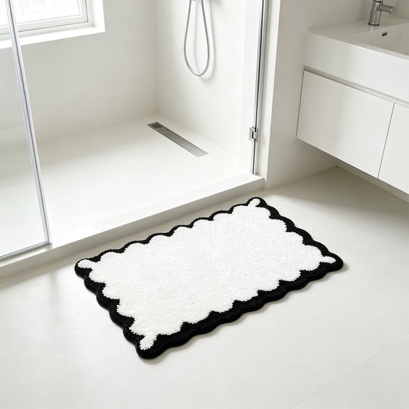 Scalloped Bathroom Rug Mat, Soft Plush Bath Runner with Non Slip Backing, Absorbent Floor Carpet for Tub Shower Sink Vanity Bedroom Dorm Room Home Decor Accent（Black）