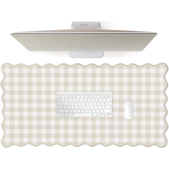 Scalloped‌ Beige Checkered Gingham Desk Mat Cute Pastel Large Mouse Pad ...