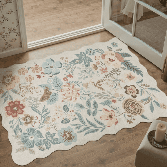 Scalloped Beige Floral 2x3 Rug, Machine Washable Non-Slip, Stain-Resistant Low-Pile for Entryway, Kitchen, Bedroom, Bathroom-Beige