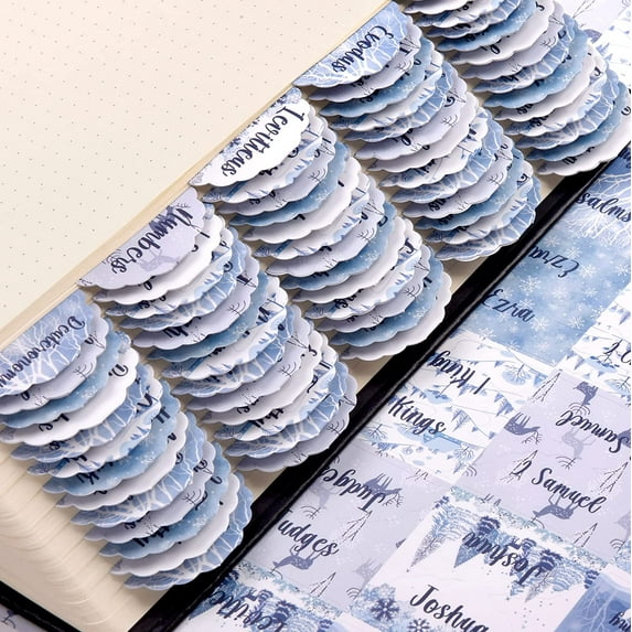 Scalloped Bible Tabs Laminated Easy to Read Large Print, 66 Tabs for Old & New Testament Books and 14 Writable Blank Tabs, Winter Landscape Theme