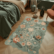 Scalloped Black Floral 2x3 Rug, Machine Washable Non-Slip, Stain-Resistant Low-Pile for Entryway, Kitchen, Bedroom, Bathroom-Green