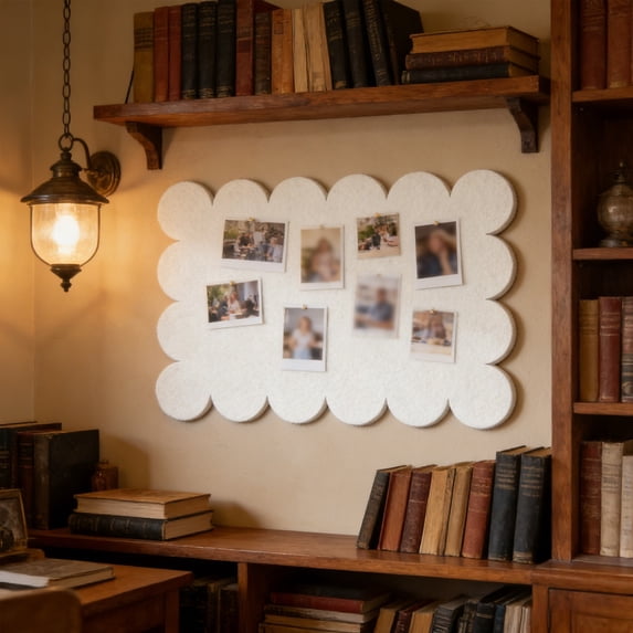 Scalloped Border Fabric Bulletin Board, Rectangular Note Board Peel and Stick No Nails, Photo Display for Bedroom Office Kitchen Wall Decor 24x16 in White