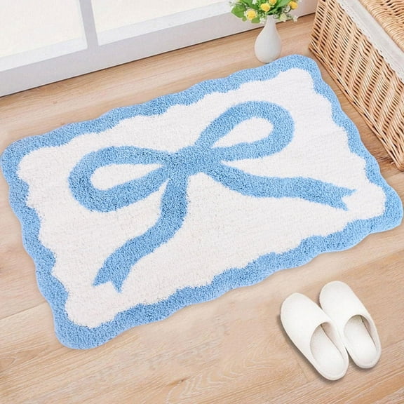 Scalloped Bow Bathroom Mat Non-Slip Coquette Bow Bath Rug, 16x24 Inch Cute Aesthetic Scallop Carpet Absorbent Microfiber Bath Mat for Bathroom Shower Bedroom Dorm Kitchen Living Room Decor