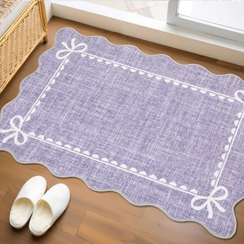 Scalloped Bow Rug for Kitchen Floor, Solid Purple Rug for Dorm, Washable Entryway Rugs 2x3 Soft Low Pile Non Slip Scalloped Rugs for Nursery Bedroom Decor Hallway