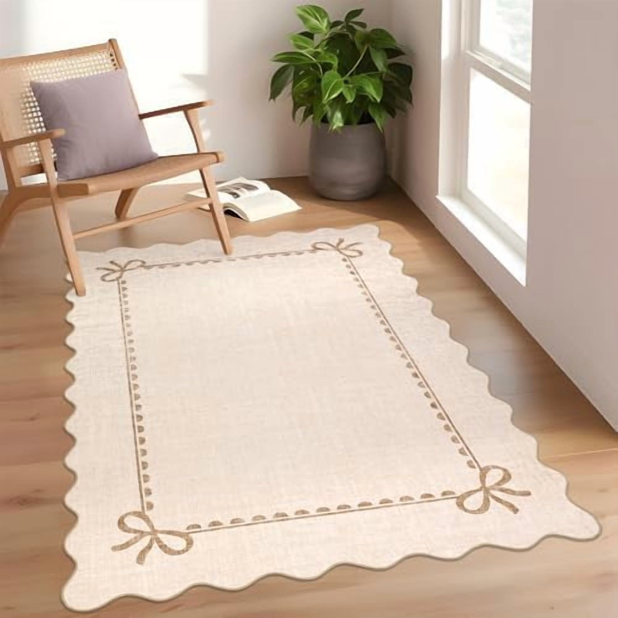 Scalloped Bow Rug for Living Room, Solid Beige Rug for Dorm, Washable ...