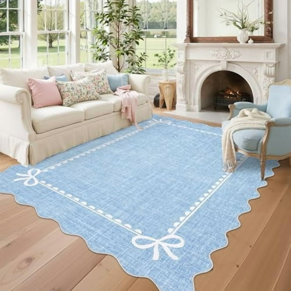 Scalloped Bow Rug for Living Room, Solid Blue Rug for Dorm, Washable Rugs 5x7 Soft Low Pile Non Slip Scalloped Rugs for Nursery College Bedroom Decor Kids Room Playroom