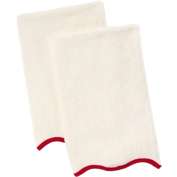 Scalloped Cream & Red Hand Towel Set, 2 Plush Cotton Towels