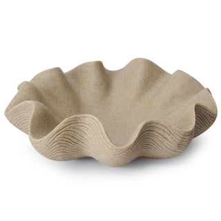 Scalloped Decorative Bowl Home Decor - 12.6" Modern Handicraft Large Shell Ruffle Decorative Fruit Bowl for Kitchen Counter, Chic Key Tray for Entryway Table, Artificial Stone Beige