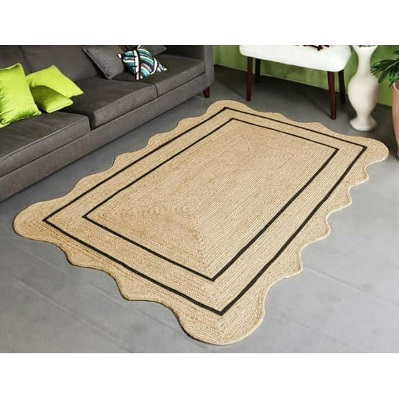 Indian Handmade Braided Natural Pure Jute with Black Scalloped Design Area Rugs Size 3 x 3 Square Feet ( 90 cm x 90 cm )