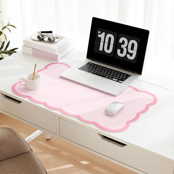 Scalloped Desk Mat, 23.6" x 11.8" Cute Small Aesthetic Desk Accessories, PU Leather Computer Laptop Desk Mouse Keyboard Pad, Desk Writing Mat for Vanity/Work/Home Decor Pink